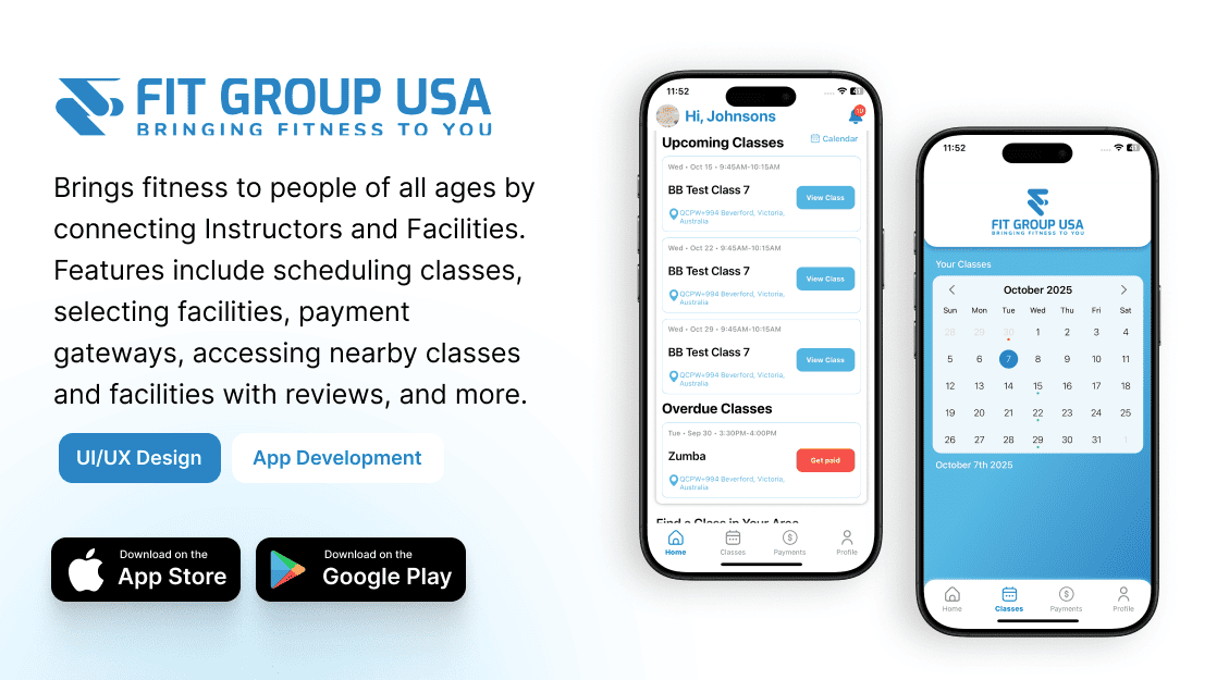 Fit Group USA — brings fitness to people of all ages by connecting Instructors and Facilities. Features include scheduling classes, selecting facilities, payment gateways, accessing nearby classes and facilities with reviews, and more. UI/UX Design and App Development, available on the App Store and Google Play.