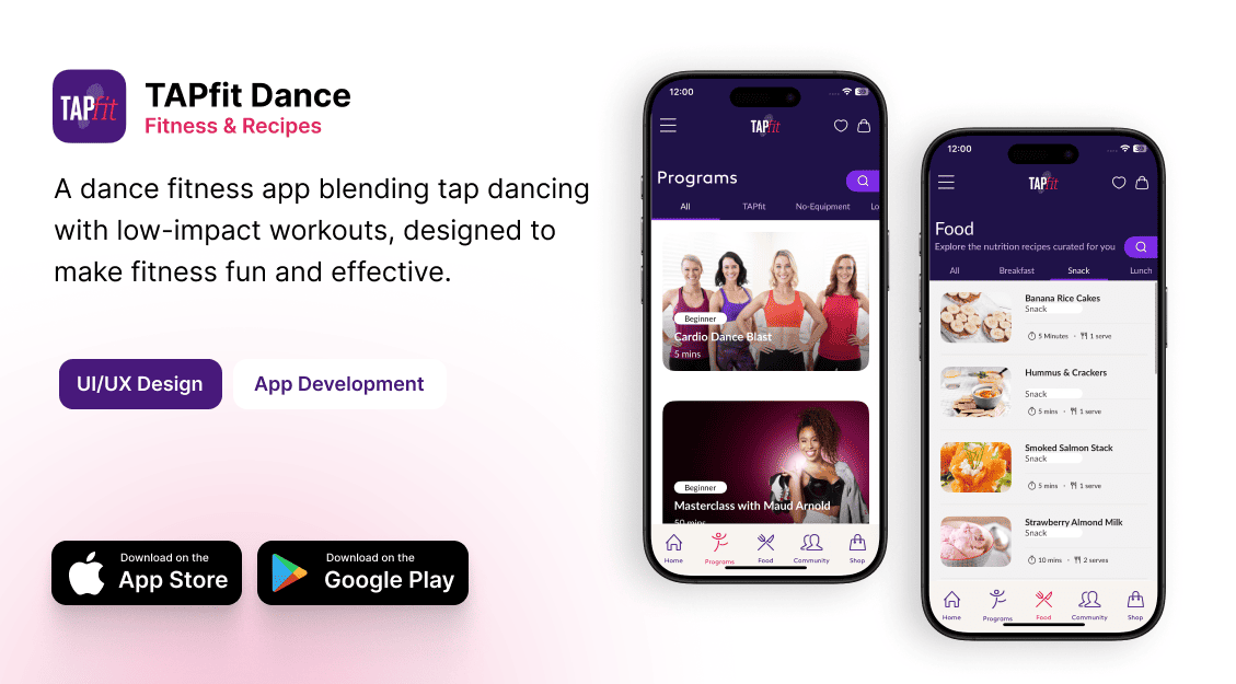 TAPfit Dance — a dance fitness app blending tap dancing with low-impact workouts, designed to make fitness fun and effective. UI/UX Design and App Development, available on the App Store and Google Play.